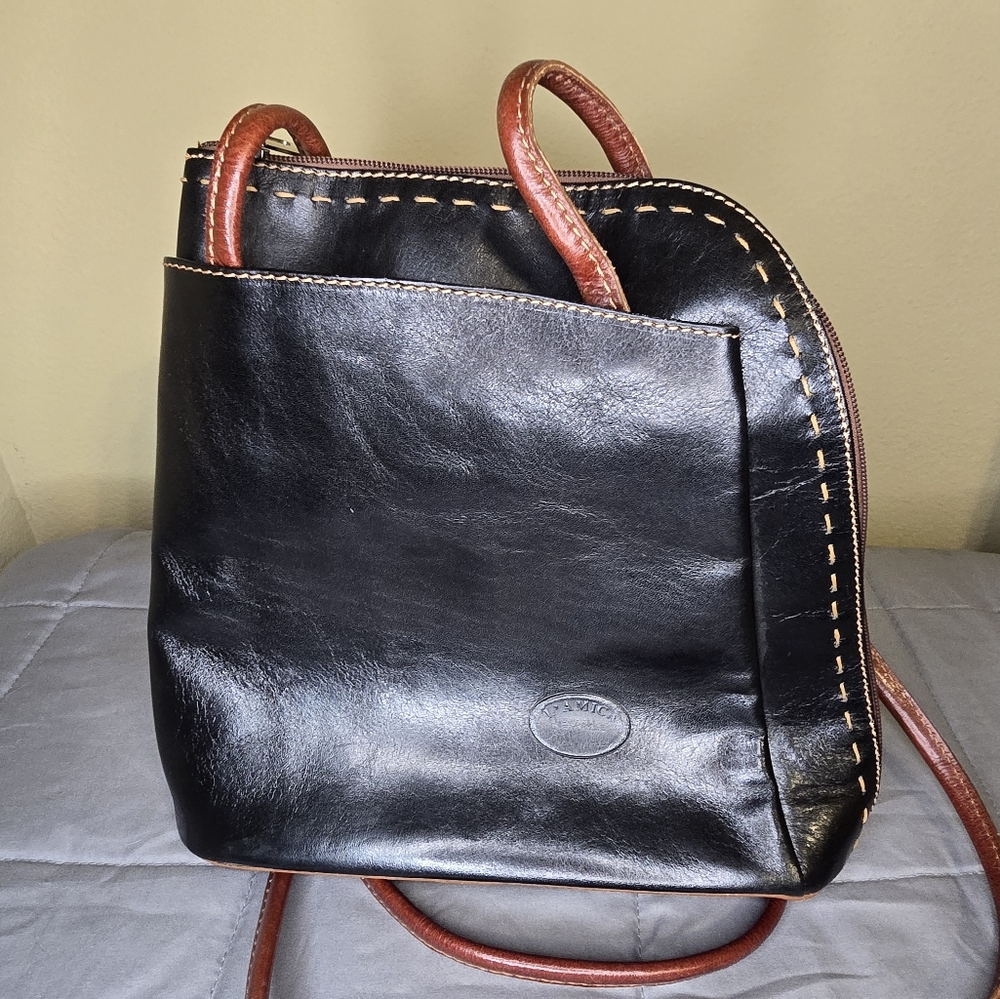 L'amica Black Genuine Leather Convertible Backpack Handbag with Brown Straps